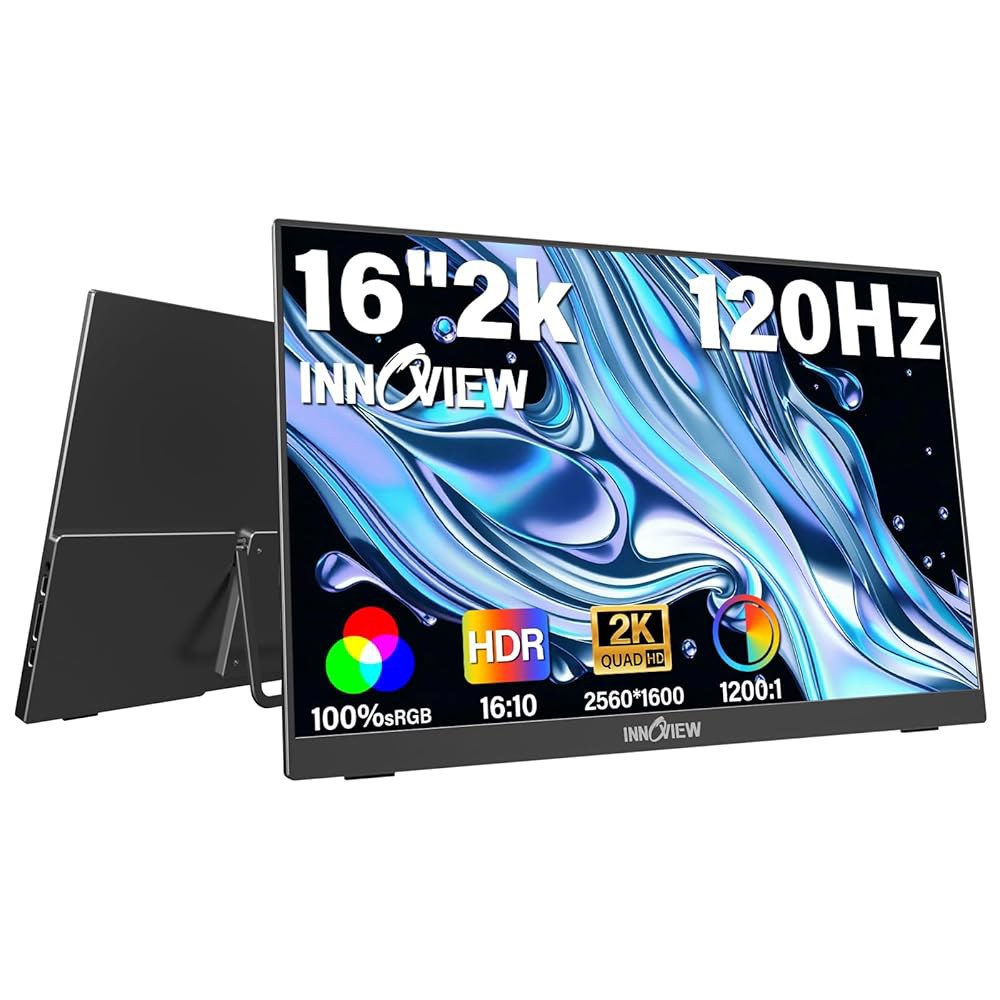InnoView 16인치 2.5K 120Hz 휴대용 제외) sRGB HDMI Type-C 킥스탠드 아이 (어댑터 여행용 내장 100 스피커 VESA 2 QHD 400Nits 및 - 상품 이미지