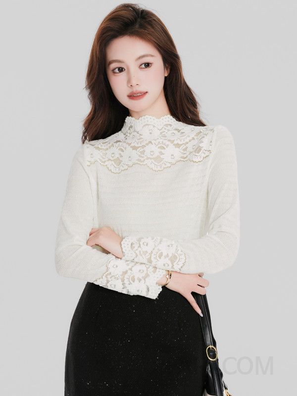 여성 페미닌 슬림핏 레이스 시스루 하이넥 반목 긴팔 티셔츠 오피스룩 하객룩 - 상세 이미지 5