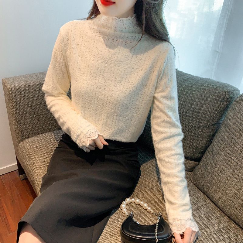 여성 데일리 페미닌 오피스룩 이너 레이스 기모 반하이넥 슬림핏 물결커팅 긴팔 티셔츠 스판 레이어드 기초 - 상세 이미지 3