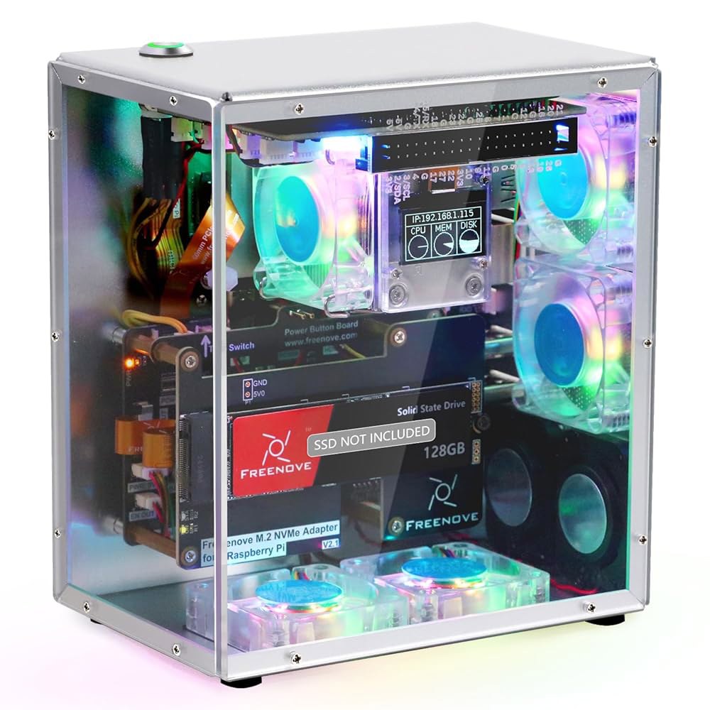 Freenove 라즈베리 파이 5 PC 0.95인치 타워 PWM 팬 (SSD 쿨러, 키트, 라이트 미포함) 슬롯, ARGB OLED 3.5mm CPU 스크린, 스테레오 M.2 싱크 - 상품 이미지