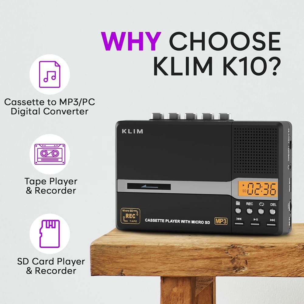 KLIM K10 휴대용 카세트 테이프 내장 SD - 배터리/USB 전송 카드 8GB 마이크 컨버터 MP3 USB 전원 + 및 플레이어 레코더, 이어폰 스피커 PC - 상세 이미지 2