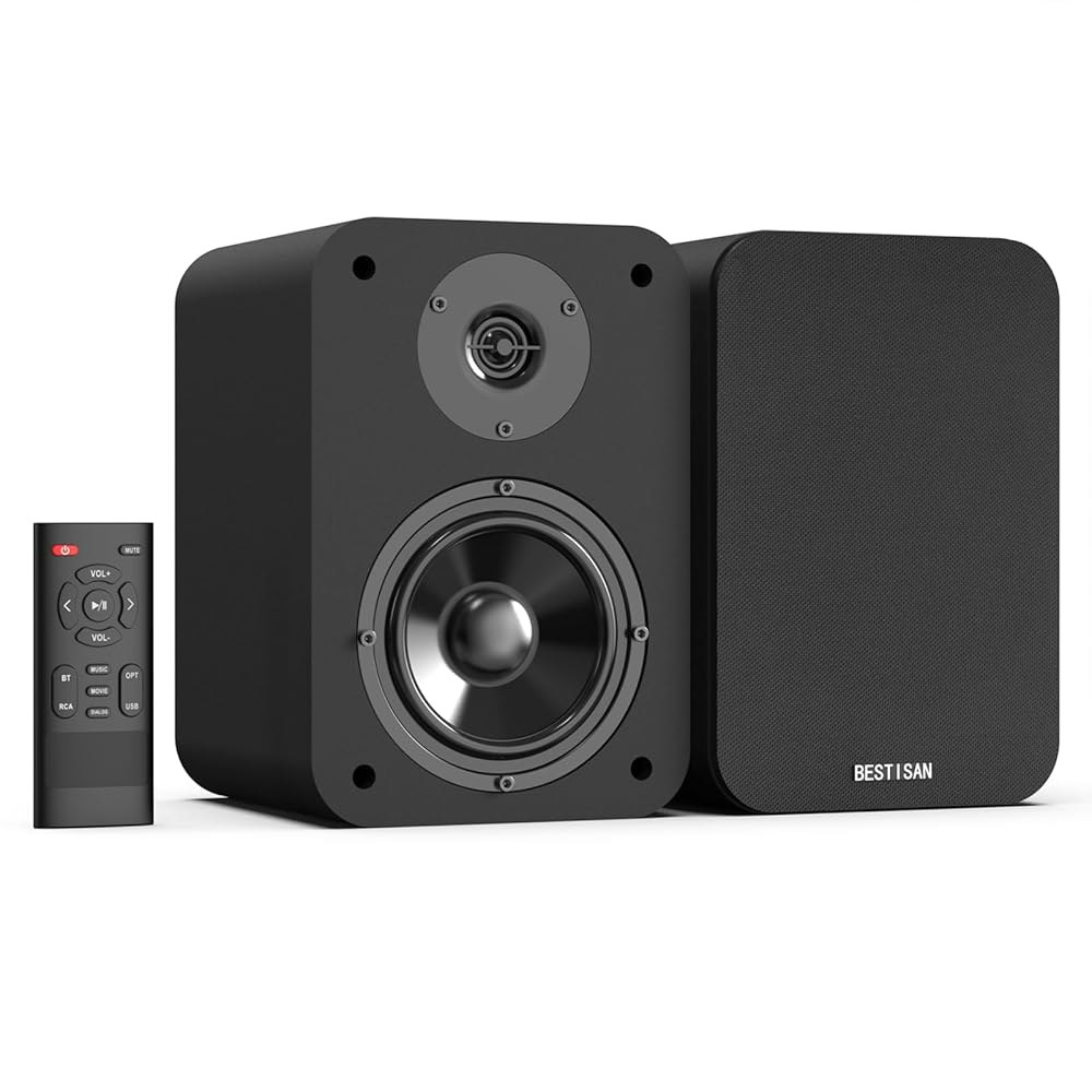 책장 스피커, 10.2cm(4인치) 우퍼가 있는 전원 TV 컴퓨터 아웃이 광학/RCA/USB/서브 및 PC 턴테이블용 스피커 - 상품 이미지