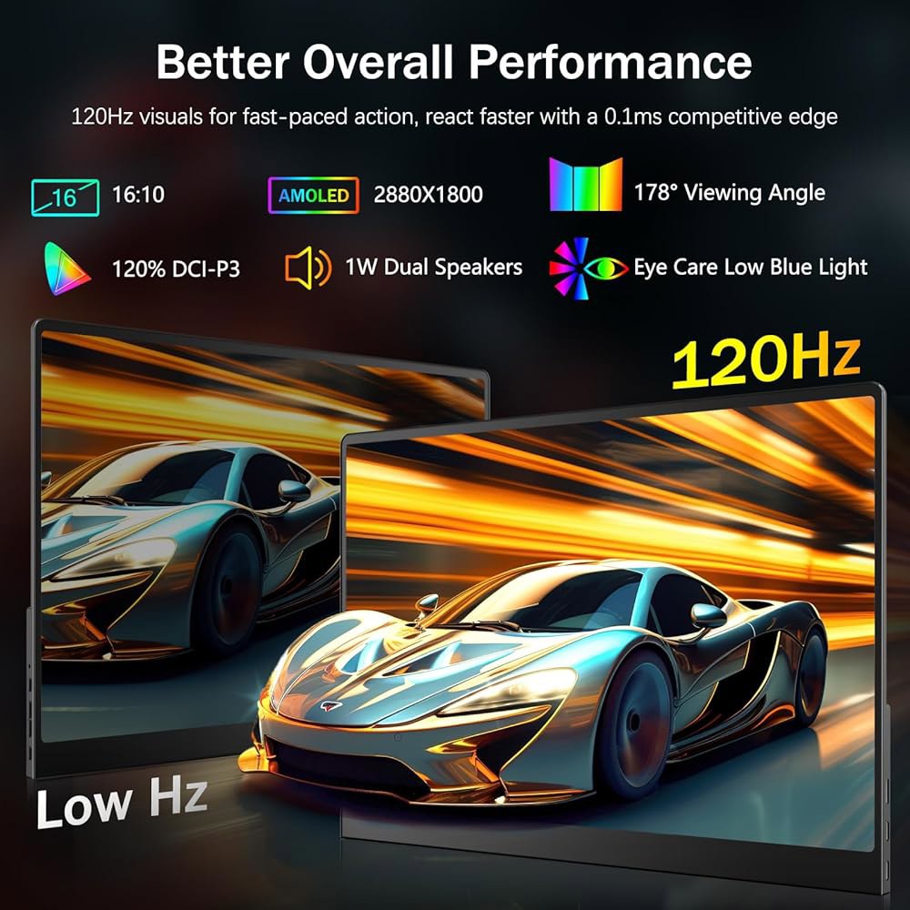 NewHail OLED 휴대용 모니터 16인치, 블랙 0.1ms 120 포함, 폰 USB-C DCI-P3 맥 스위치 120Hz 스피커 PS5용, 및 모니터, 2880x1800 내장 - 상세 이미지 3