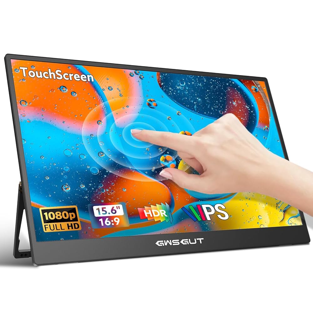 GWSGUT 휴대용 모니터 터치스크린 15.6인치 폰 PC 모니터용 울트라 스피커 HDMI FHD 슬림 맥 내장 1080P USB-C PS4/5 스탠드 (1080p IPS, HDR - 상품 이미지