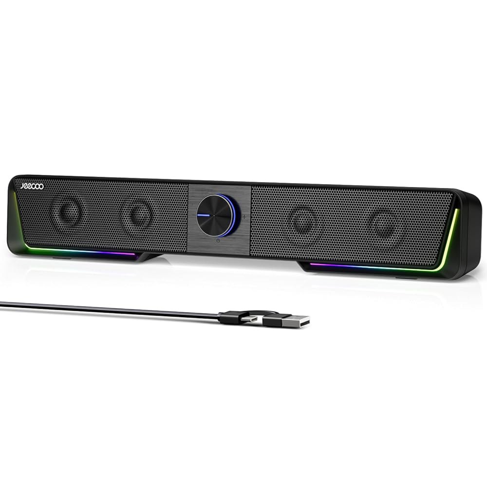 Jeecoo A40 선명한 사운드가 있는 컴퓨터 블루투스 앤 USB 노트북 조명, 사운드 LED 바 스피커, PC 버튼이 (USB-C 포함) 데스크탑 어댑터 모니터용 플레이 플러그 - 상품 이미지