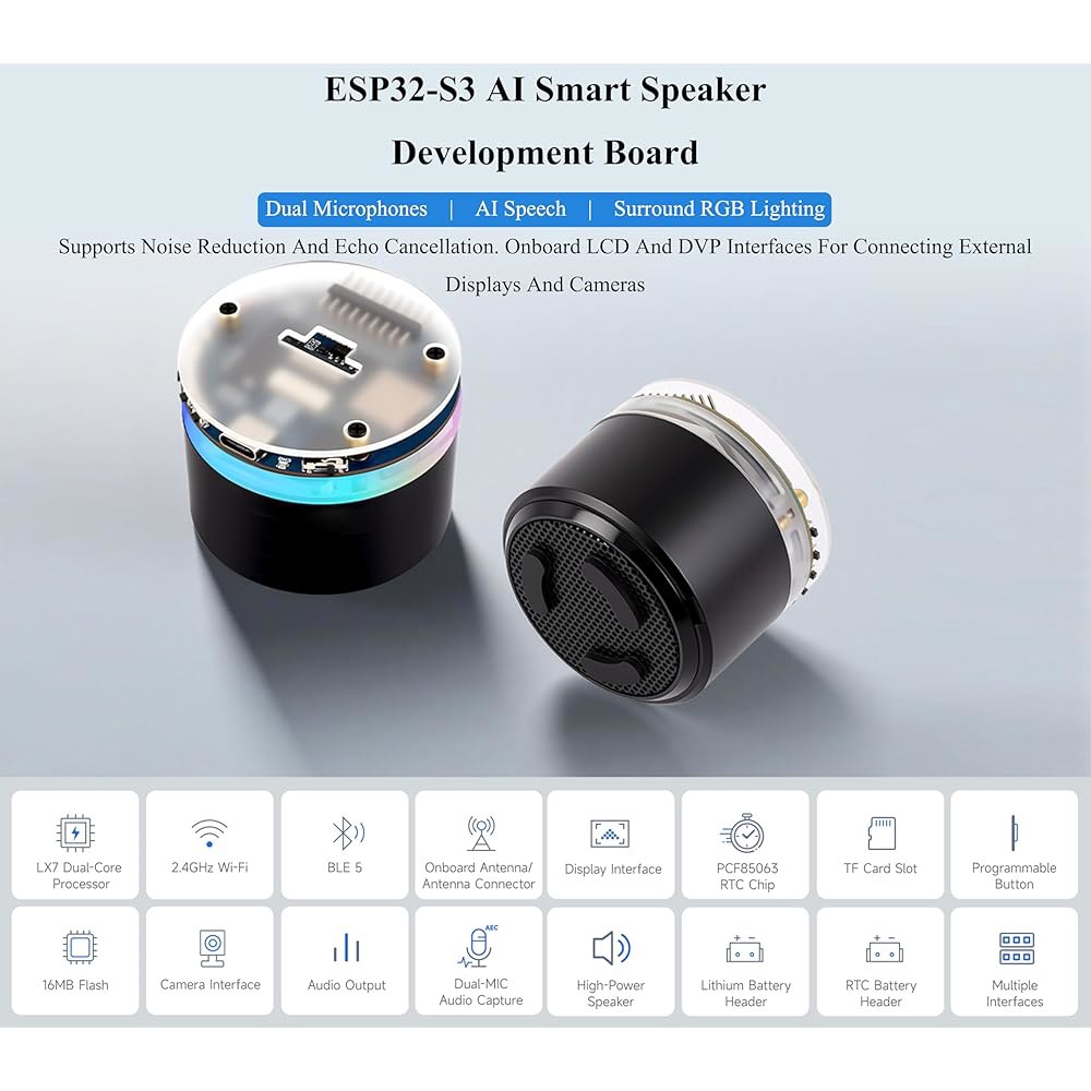 ESP32-S3 AI 스마트 스피커 개발 듀얼 ESP32 음성 보드, 오디오, 캔슬링, 및 지원 상호 연결 RGB 외부 카메라 감소 소음 지원, 에코 조명, 작용 디스플레이 마이크 - 상세 이미지 2