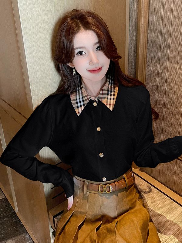 여성 체크 패치워크 니트 가디건 슬림핏 레이어드용 기본 허리길이 코튼 긴팔 봄 가을 스타일 - 상세 이미지 3