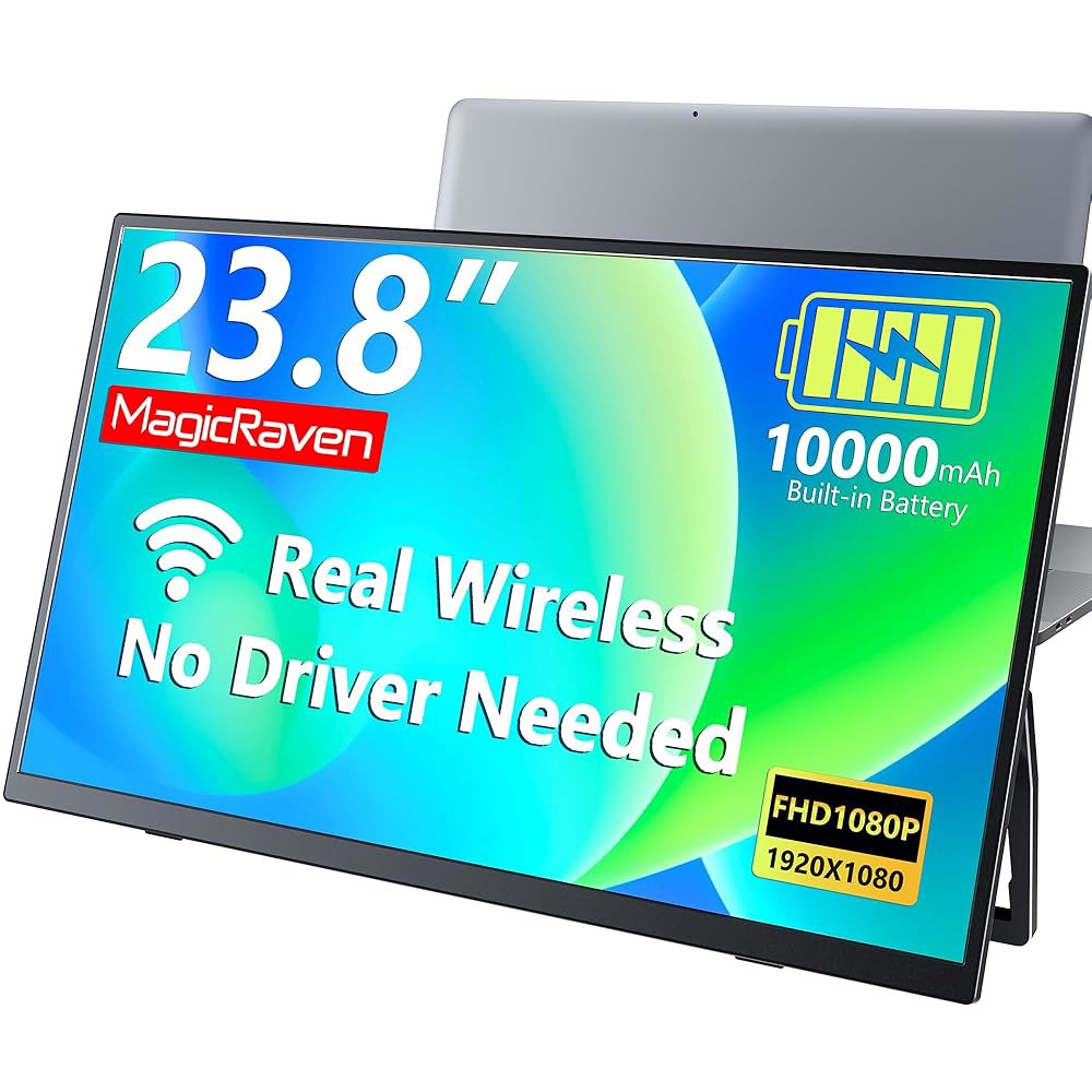 MAGICRAVEN 무선 휴대용 모니터, 23.8인치 스피커 모니터 및 게이밍 두 번째 노트북 익스텐더 휴대폰용 커버, 대형 스마트 PC 디스플레이 스크린, - 상품 이미지