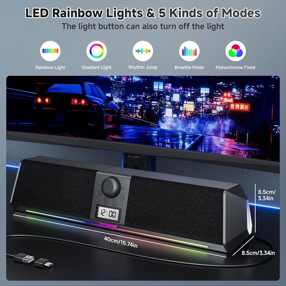 SOULION R80 블루투스 컴퓨터 스피커, 모니터 앤 데스크톱 USB LED 플레이 있는 PC 사운드 시계 디스플레이, 플러그 노트북용 디지털 조명이 선명한 (USB 어댑터 - 상세 이미지 3