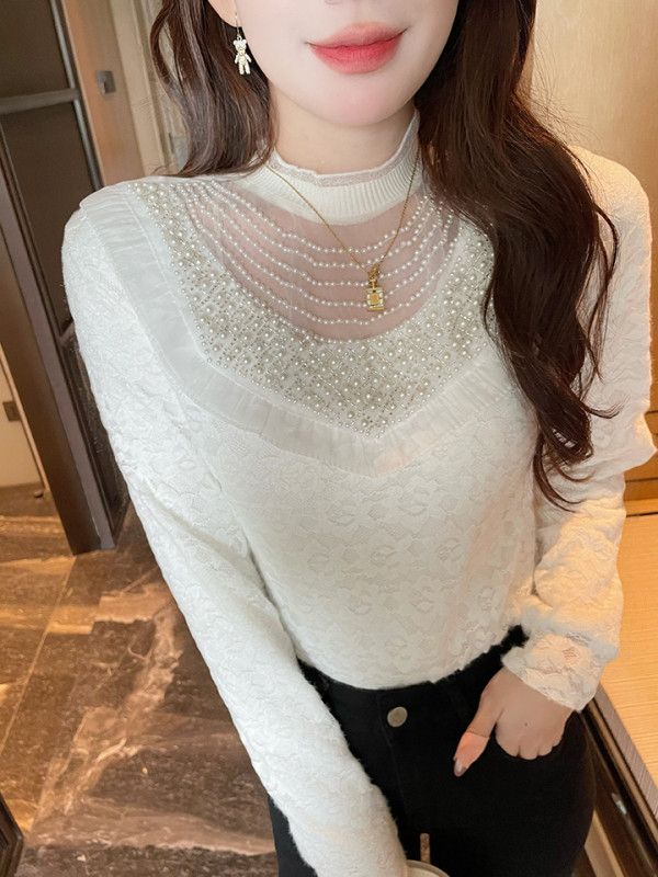 가을 여성 라운드넥 레이스 플리스 안감 슬림핏 블라우스 비즈 장식 긴팔 페미닌 스타일 - 상세 이미지 4