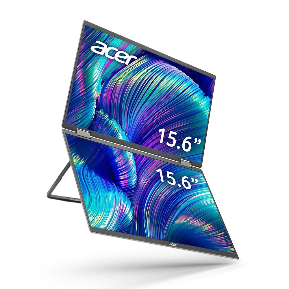 acer PD163Q 15.6인치 FHD 1080P 접이식 1개 스피커 휴대용 플레이 HDMI 자동 2x2 스크린 플러그 수평 포트 및 수직 PC용 미니 듀얼 또는 2개 보기 Ty - 상품 이미지
