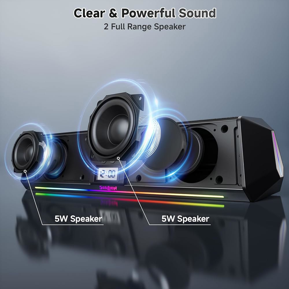 SOULION R80 블루투스 컴퓨터 스피커, 모니터 앤 데스크톱 USB LED 플레이 있는 PC 사운드 시계 디스플레이, 플러그 노트북용 디지털 조명이 선명한 (USB 어댑터 - 상세 이미지 2