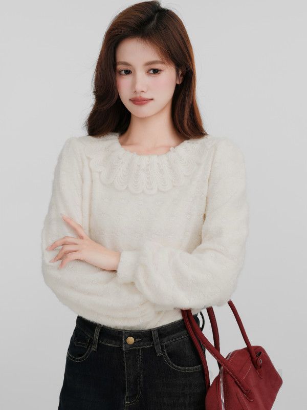 여성 데일리 러블리 페미닌 루즈핏 기모 레이스 칼라 자수 퍼프 소매 벌룬 니트 블라우스 티셔츠 레이어드 코디 오피스룩 - 상세 이미지 2