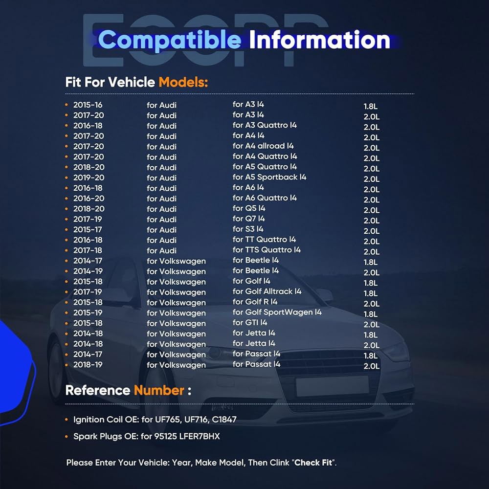 이리듐 스파크 플러그 A4 Q5 2014-2020 l4 2.0L 1.8L UF765 4개의 점화 코일 ECCPP 1 UF621 4 ignition coils - 상세 이미지 2
