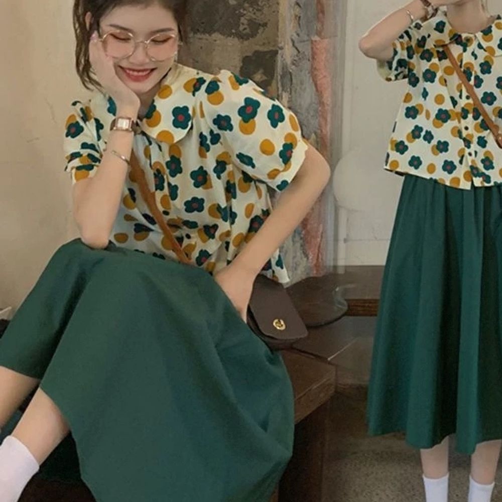 퍼프 허리라인 꽃무늬 레트로 슬릿 허리 프렌치 데일리 - 상세 이미지 3