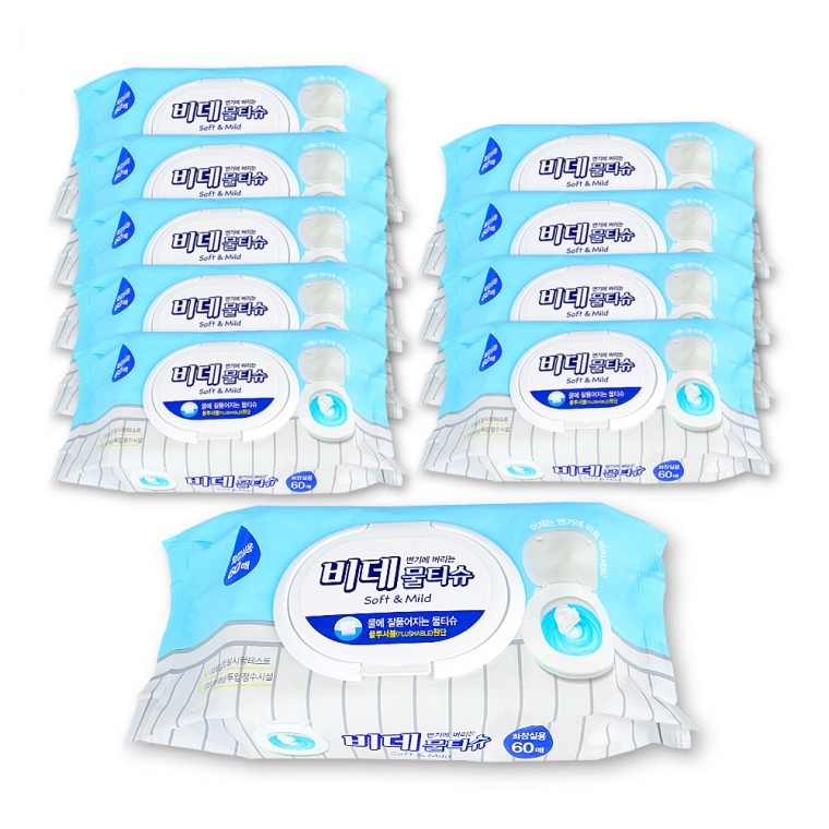 도모아 비데물티슈(60매 캡형) 10개 화장실용 물에녹는 비데용 변기에버리는 휴대용비데