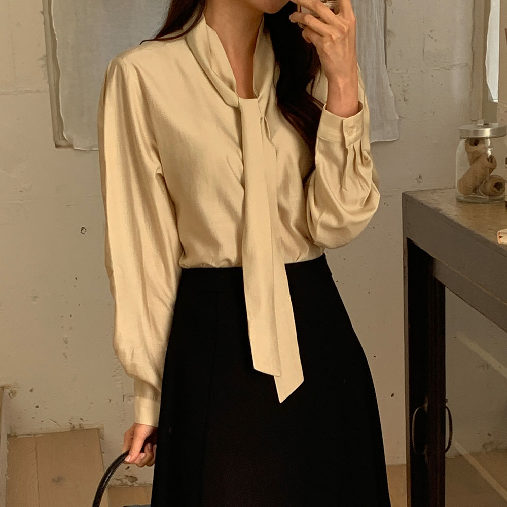 타이블라우스 결혼식 새틴 글로시 스카프블라우스 아이보리, FREE(One size) 이미지 6