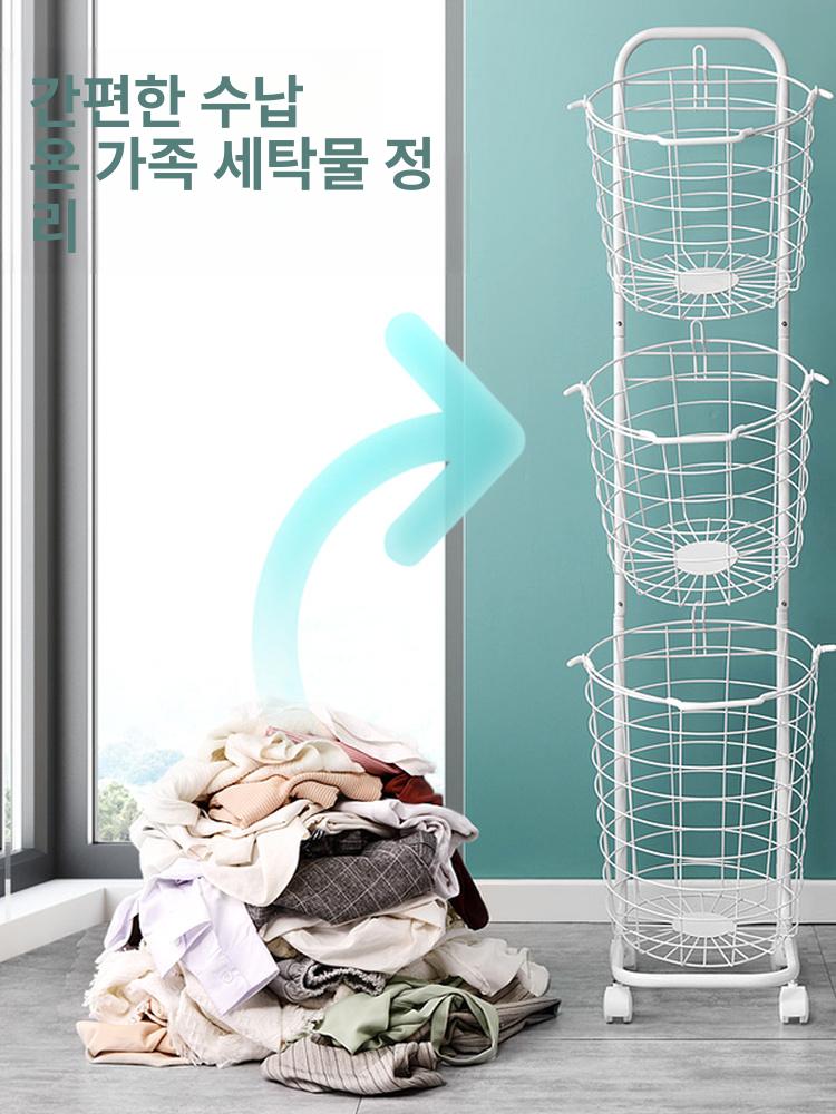 이동식 철제 세탁바구니 세탁물 분리함 분리형 수납형 럭셔리 블랙 라운드 3단 대용량 회전 바퀴 - 상세 이미지 3