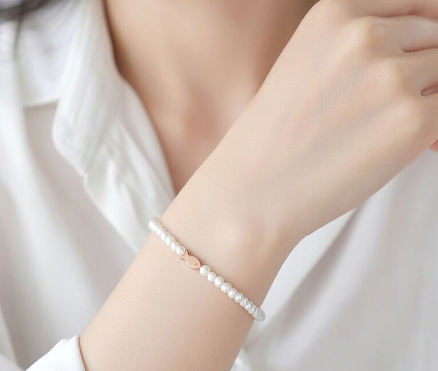 14K 골드/로즈골드(물고기장식)담수진주 3mm 팔찌AAA+ 이미지 7