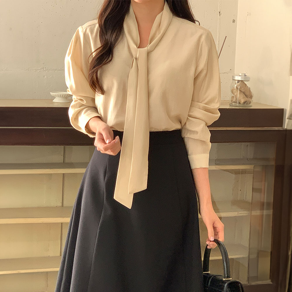 타이블라우스 결혼식 새틴 글로시 스카프블라우스 아이보리, FREE(One size) - 상세 이미지 5
