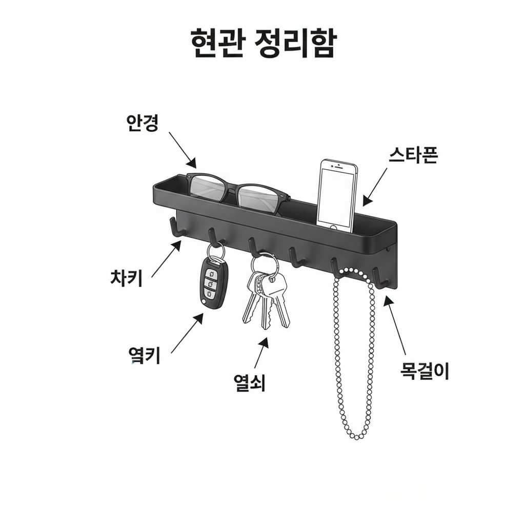 데일리콤프 현관문 자석 선반 마스크 걸이 차키 보관함 6구 후크 1단, 24X6, 블랙 이미지 8