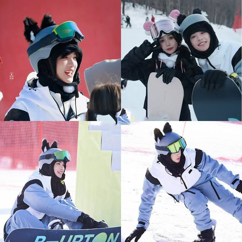 스키헬멧커버 모자 보드 겨울 스키 스노우보드 야외 활동 라이딩용 귀여운 동물 귀 캐릭터 - 상세 이미지 3