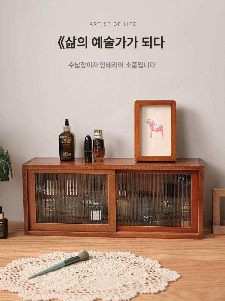 엔틱 캐비닛 양문형 찬장 컵진열장 다기장 수납 접시장 원목 슬라이딩 도어 수납함 창홍유리 - 상세 이미지 3