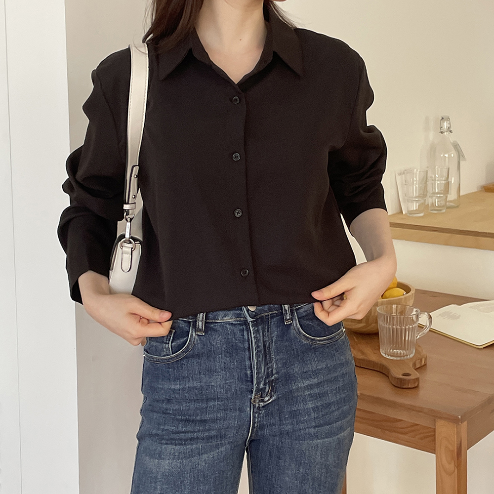 오버핏  실키 봄 셔츠 남방 긴팔 여자셔츠 블랙 화이트 드뮤어룩 우먼오피스룩 이미지 7