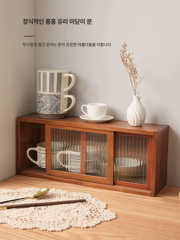 엔틱 캐비닛 양문형 찬장 컵진열장 다기장 수납 접시장 원목 슬라이딩 도어 수납함 창홍유리 - 상세 이미지 4