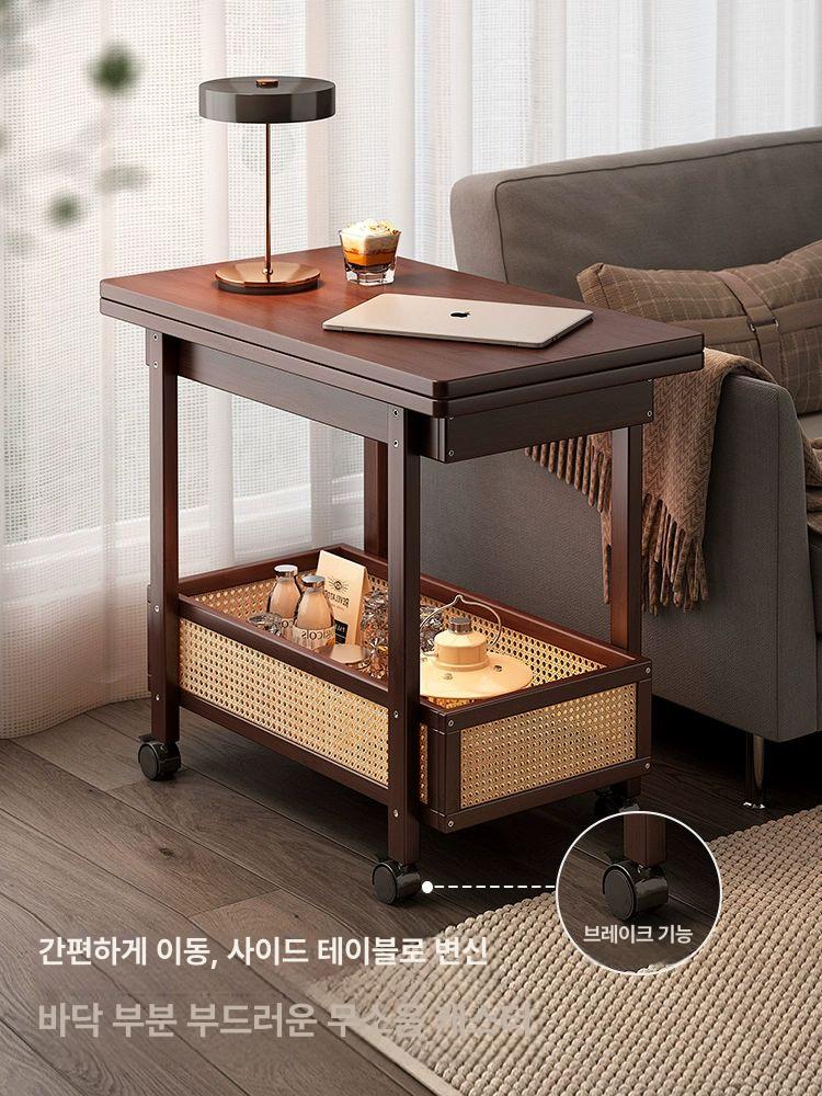접이식 좌식 선반형 수납 높이조절 밥상 겸용 모던 소파 접이식 티 테이블 로즈우드 컬러 - 상세 이미지 4