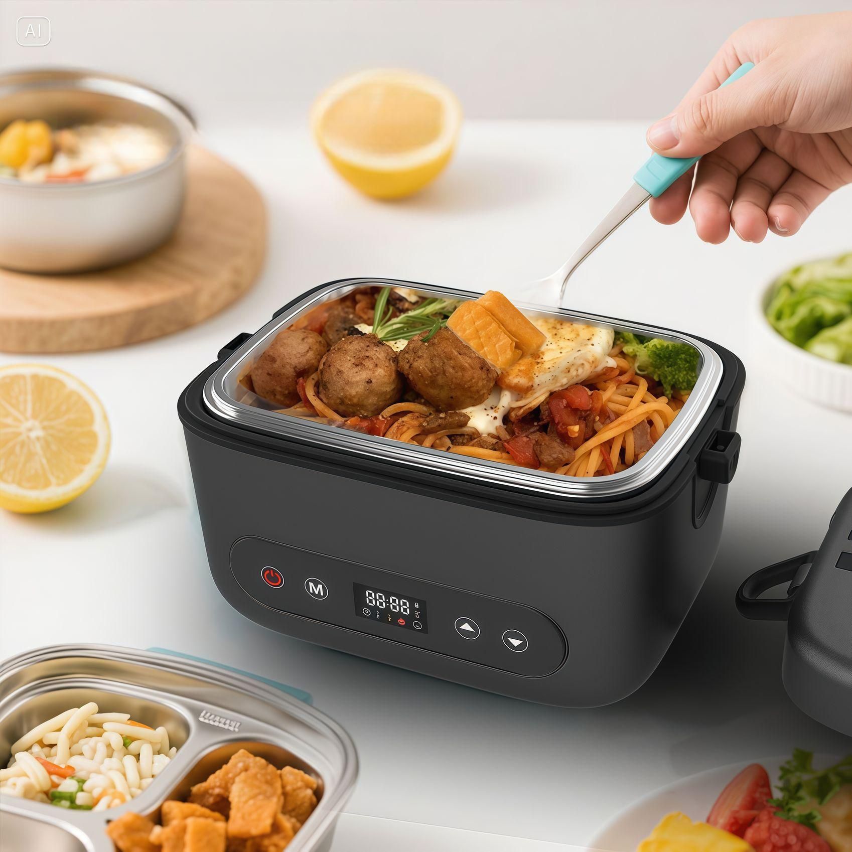 차량용 전기 도시락 온열 스테인리스 직장인 가열식 보온 블랙화이트 + 예약 1000ml 60w - 상품 이미지