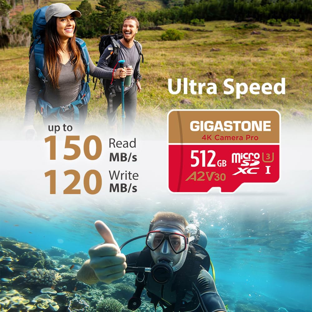 5년 데이터 복구 GIGASTONE 512GB 마이크로 SD 카드, 4K 카메라 프로, 스마트폰용 A2 V30, 고프로, 액션 캠, UHD 비디오 녹화, 최대 150/120MB/ - 상세 이미지 2