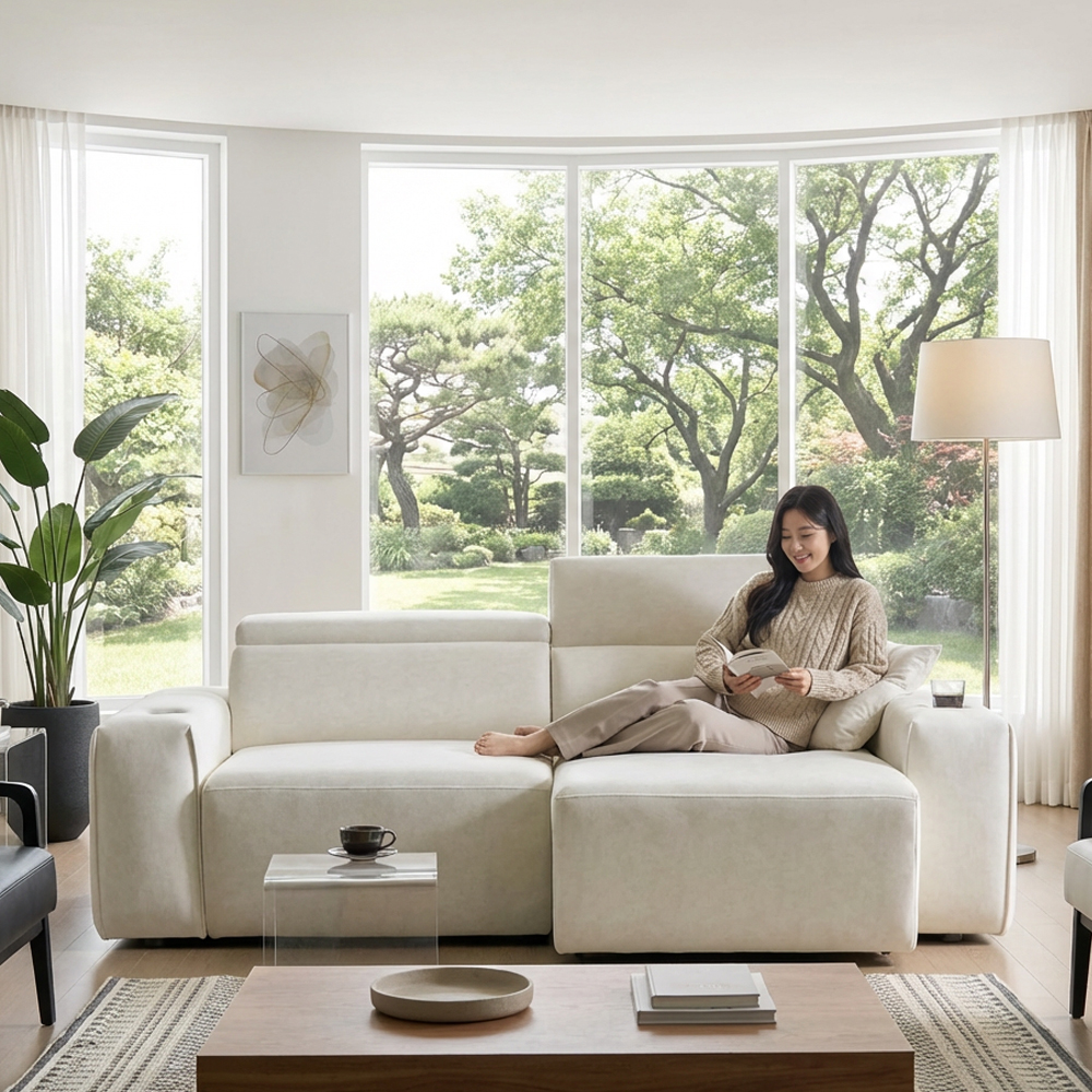 세인트블랑 릴렉시아 슬라이드 모션 아쿠아텍스 리클라이너 확장 패브릭 소파 아이보리, 3인용