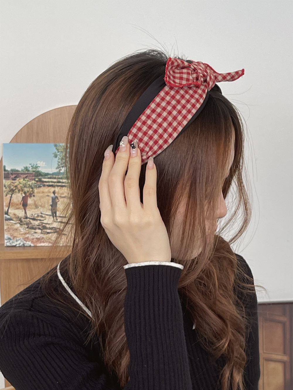체크리본머리띠 반다나 와이드헤어밴드 스카프머리띠 넓은헤어밴드 - 상세 이미지 4