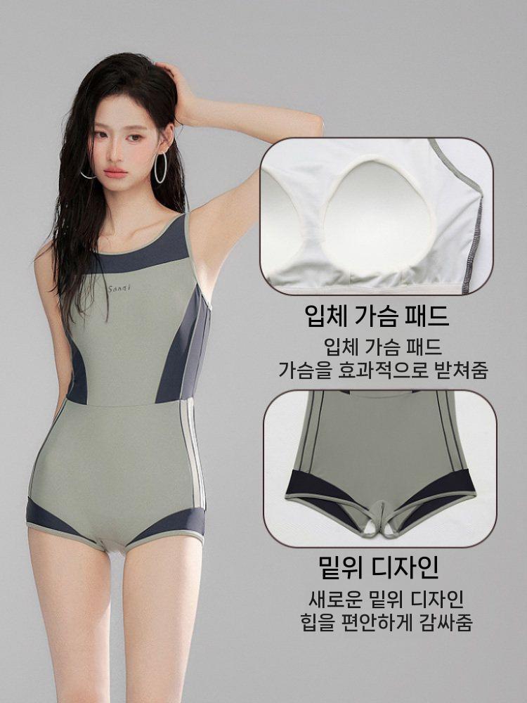 체형커버 실내 여성1부수영복 민소매 수영장 그레이 그린 M - 상세 이미지 3