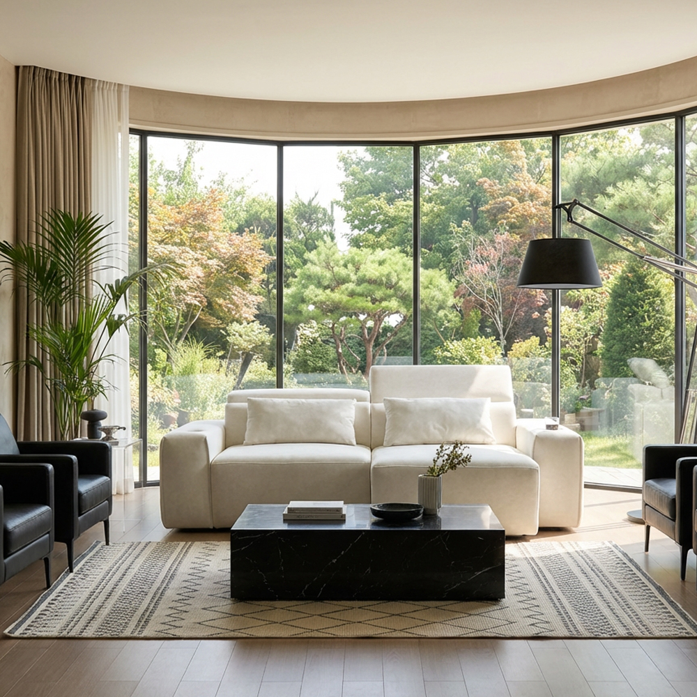 세인트블랑 릴렉시아 슬라이드 모션 아쿠아텍스 리클라이너 확장 패브릭 소파 아이보리, 3인용