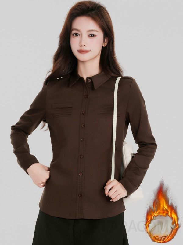 여성 베이직 스트레이트 기모 안감 포근한 카라 긴팔 셔츠 코디 오피스룩 출근룩 단정함 - 상세 이미지 2