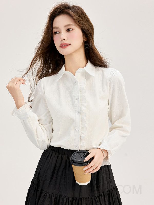 여성 따뜻한 기모 안감 여유로운핏 프릴 셔링 카라 긴팔 블라우스 오피스룩 데일리 세미정장 이너 셔츠 코디 - 상세 이미지 3