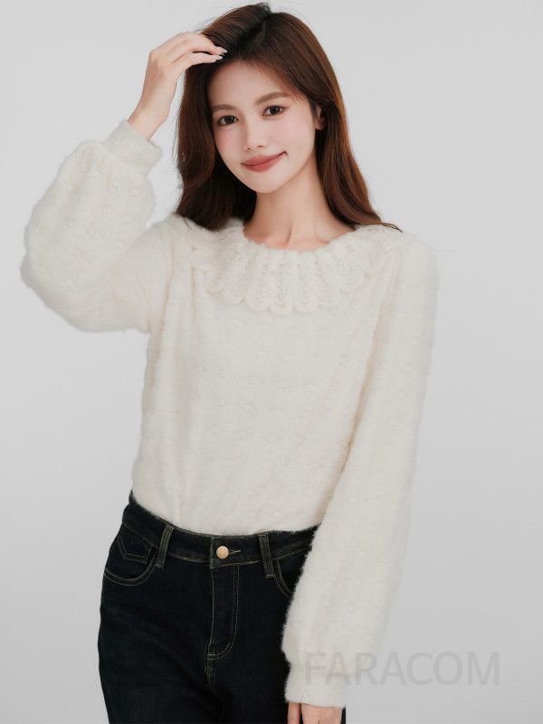 여성 데일리 러블리 페미닌 루즈핏 기모 레이스 칼라 자수 퍼프 소매 벌룬 니트 블라우스 티셔츠 레이어드 코디 오피스룩 이미지 6