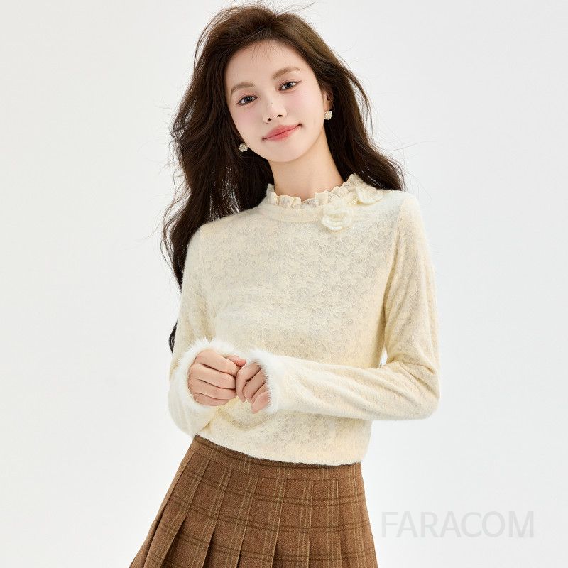 여성 페미닌 무드 기모 폴리에스터 하이넥 퍼커프스 레이스 블라우스 티셔츠 레이어드 데일리 이너 슬림핏 - 상품 이미지