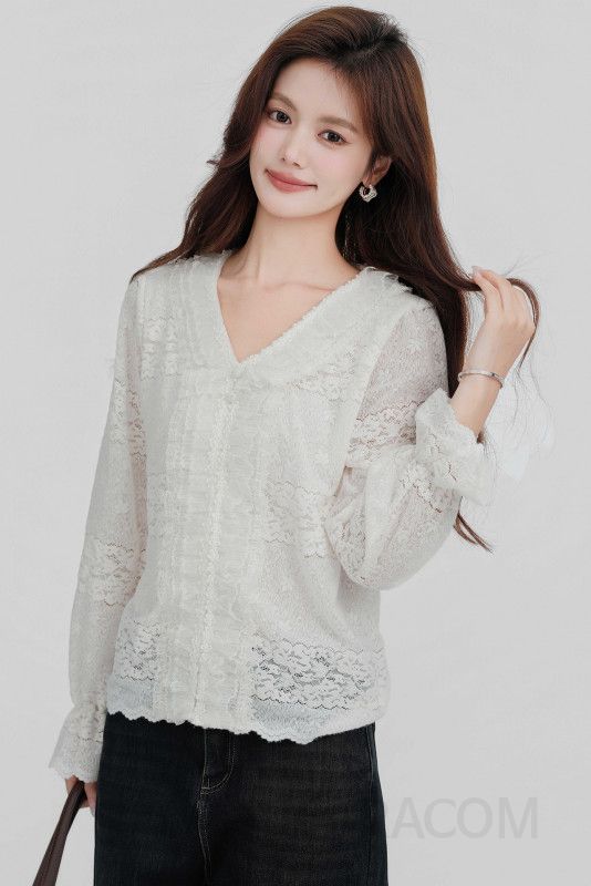 여성 페미닌 무드 기모 안감 레이스 프릴 디테일 브이넥 루즈핏 롱슬리브 셔츠 블라우스 이미지 6