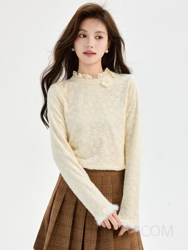 여성 페미닌 무드 기모 폴리에스터 하이넥 퍼커프스 레이스 블라우스 티셔츠 레이어드 데일리 이너 슬림핏 - 상세 이미지 5