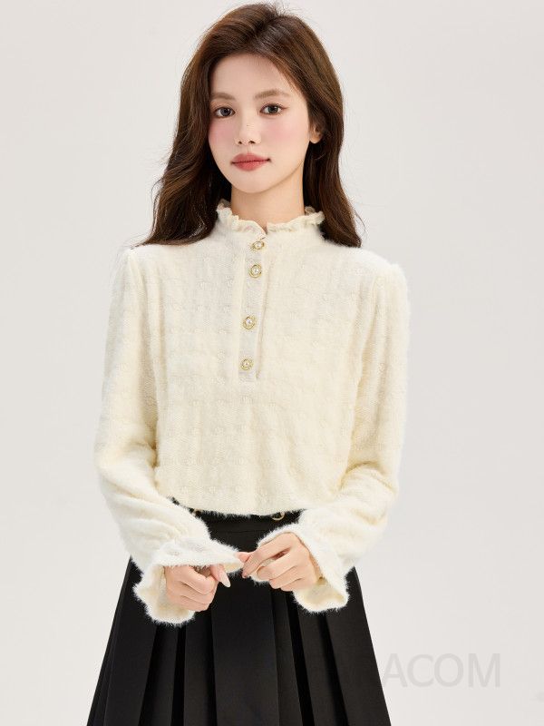 여성 페미닌 기모 안감 스트레이트핏 프릴넥 진주버튼 레이스 텍스처 긴팔 블라우스 오피스룩 하객룩 데일리 셔츠 - 상세 이미지 3