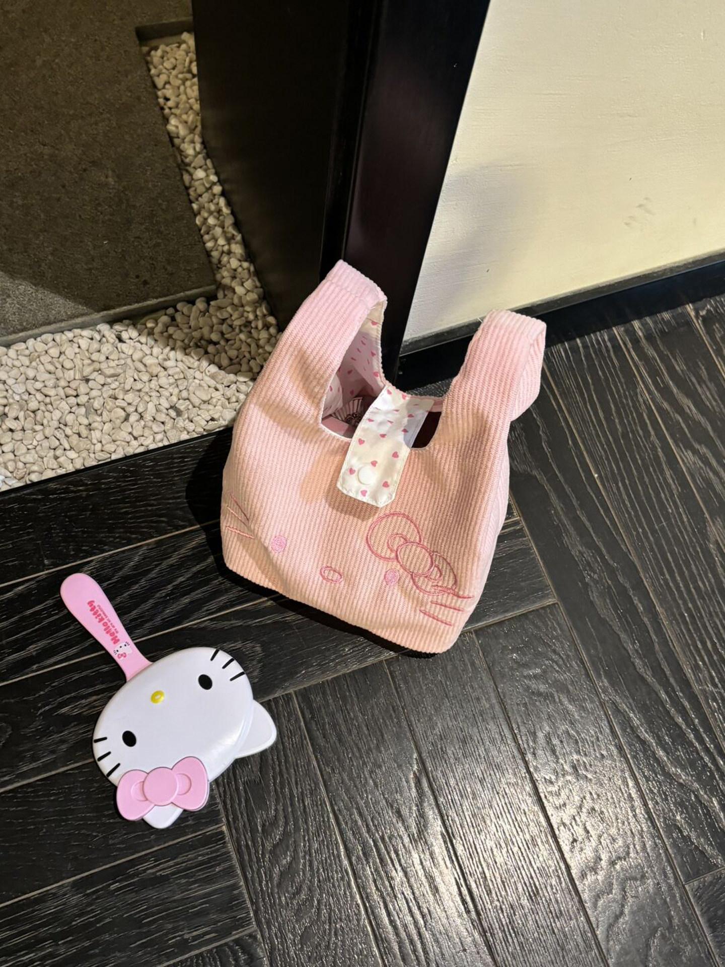 헬로키티 코듀로이 토트백 손목 가방 캔버스 미니 핸드백 파우치 수납백 보조 핑크 헬로키티 코듀로이 핸드백 - 상세 이미지 3