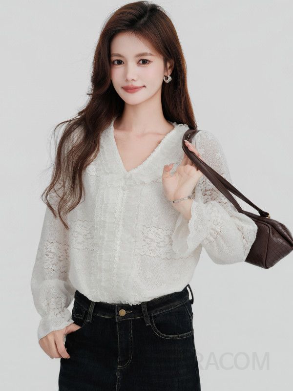 여성 페미닌 무드 기모 안감 레이스 프릴 디테일 브이넥 루즈핏 롱슬리브 셔츠 블라우스 - 상세 이미지 4