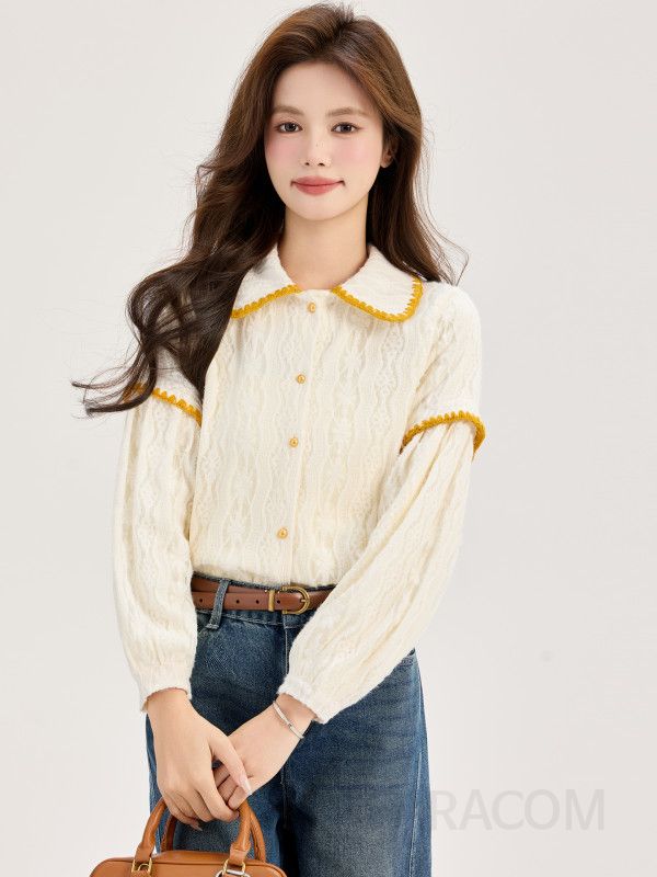 여성 페미닌 무드 기모 레이스 텍스처 펀칭 배색 카라 긴팔 셔츠 블라우스 데일리 오피스룩 출근룩 하객룩 레이어드 스타일 상의 - 상세 이미지 3