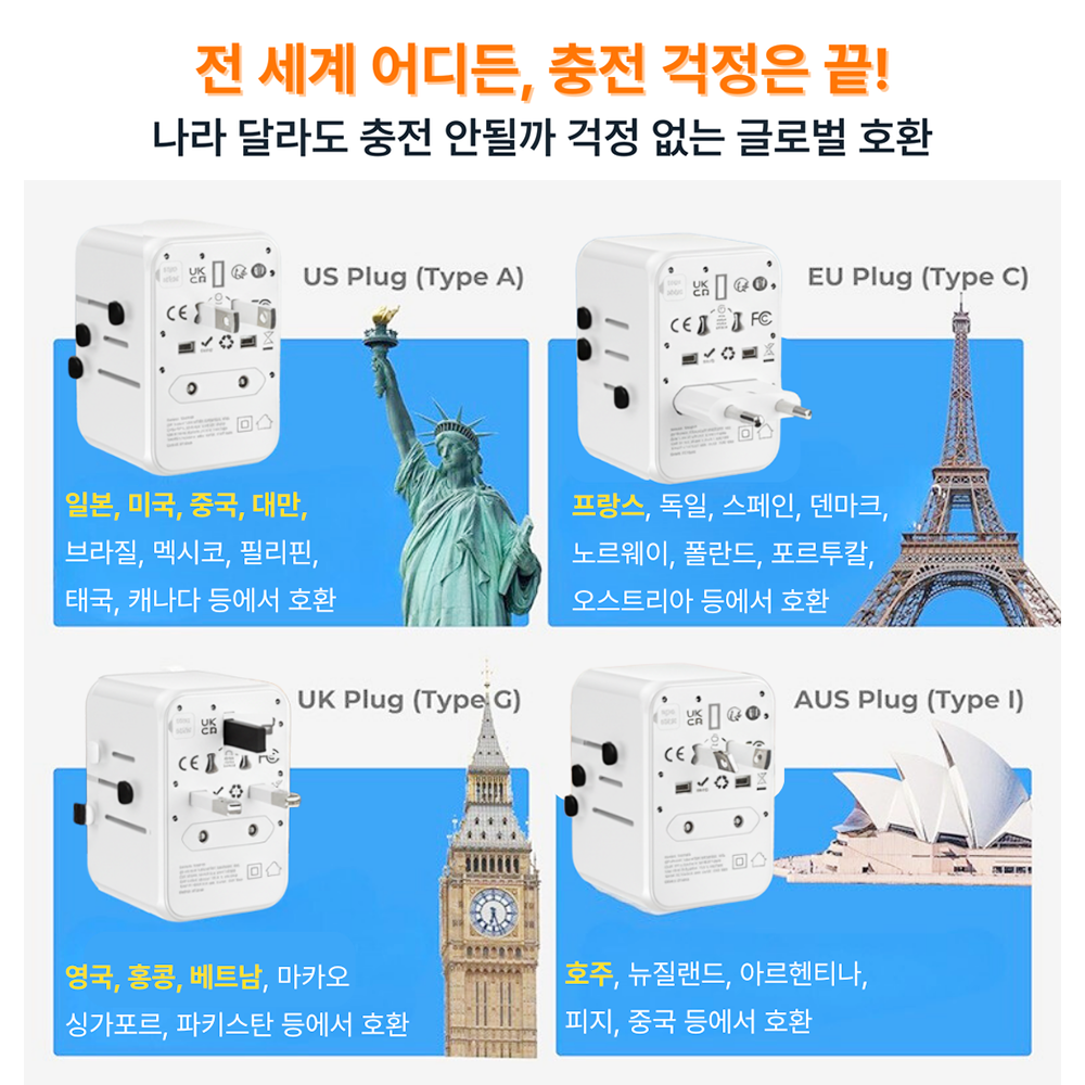 스피노 해외 여행용 멀티 어댑터 미국 홍콩 중국 110V 콘센트 여행용 멀티탭 일본여행 돼지코 어댑터 유럽 플러그 이미지 2
