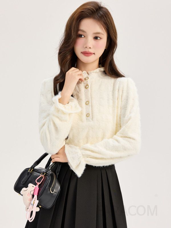 여성 페미닌 기모 안감 스트레이트핏 프릴넥 진주버튼 레이스 텍스처 긴팔 블라우스 오피스룩 하객룩 데일리 셔츠 - 상세 이미지 4