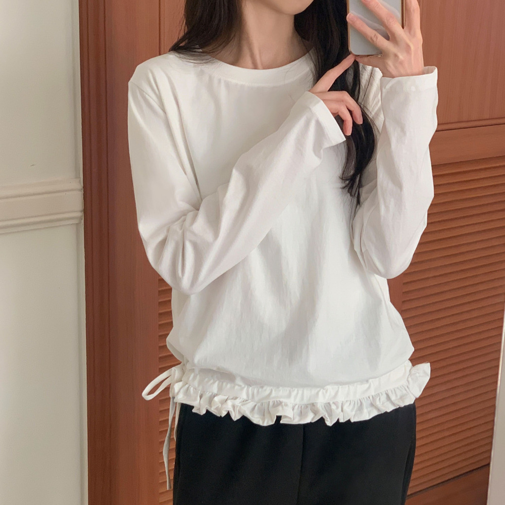 첸코 프릴 레이어드티 레이스 셔링 스트링 이너 기본티 상의 긴팔 - 상세 이미지 2