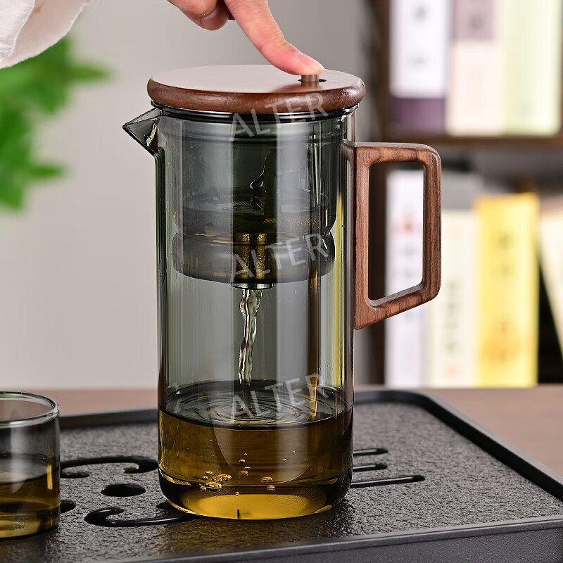 티포트 찻잔세트 내열유리 우드 티메이커 원터치필터 플로잉컵 투명 550ml - 상세 이미지 3